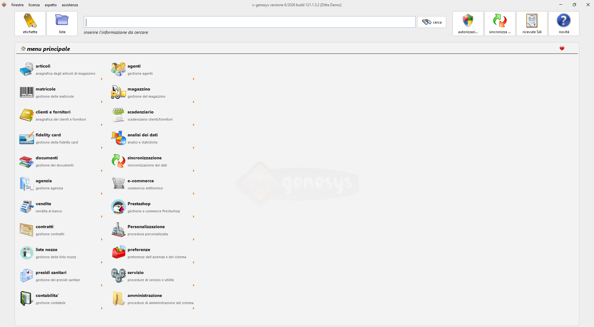Menu principale del gestionale x-genesys con articoli, magazzino, clienti, contabilità e analisi dei dati